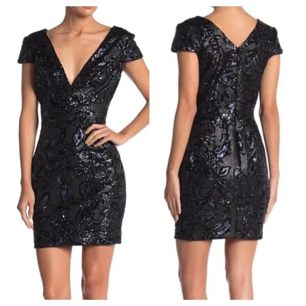 NEW Dress the Population M Bree Plunging V-neck Sequined Mini Cocktail Dress